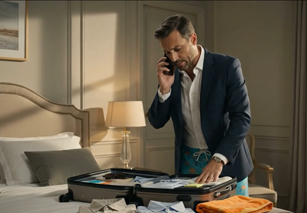 Commercial en vacances consultant son téléphone, symbole des fragilités commerciales révélées par les congés d’été.