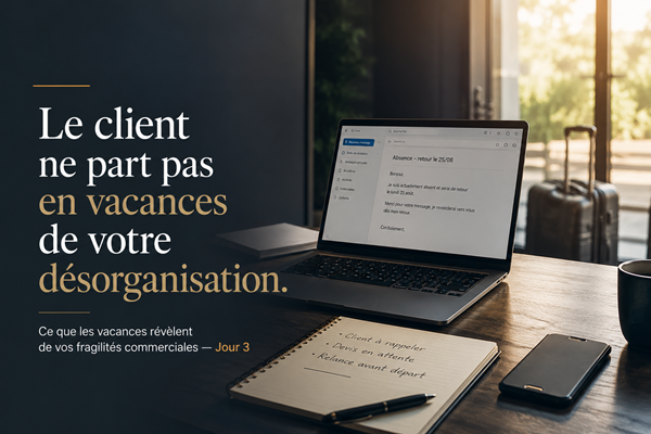 Ordinateur affichant un message d’absence, carnet de relances clients et valise en arrière-plan, symbole des fragilités commerciales révélées par les vacances.