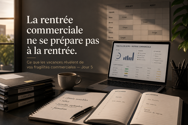 Bureau préparant la rentrée commerciale avec tableau de bord, dossiers clients, planning de congés et priorités de septembre pour anticiper les fragilités commerciales.